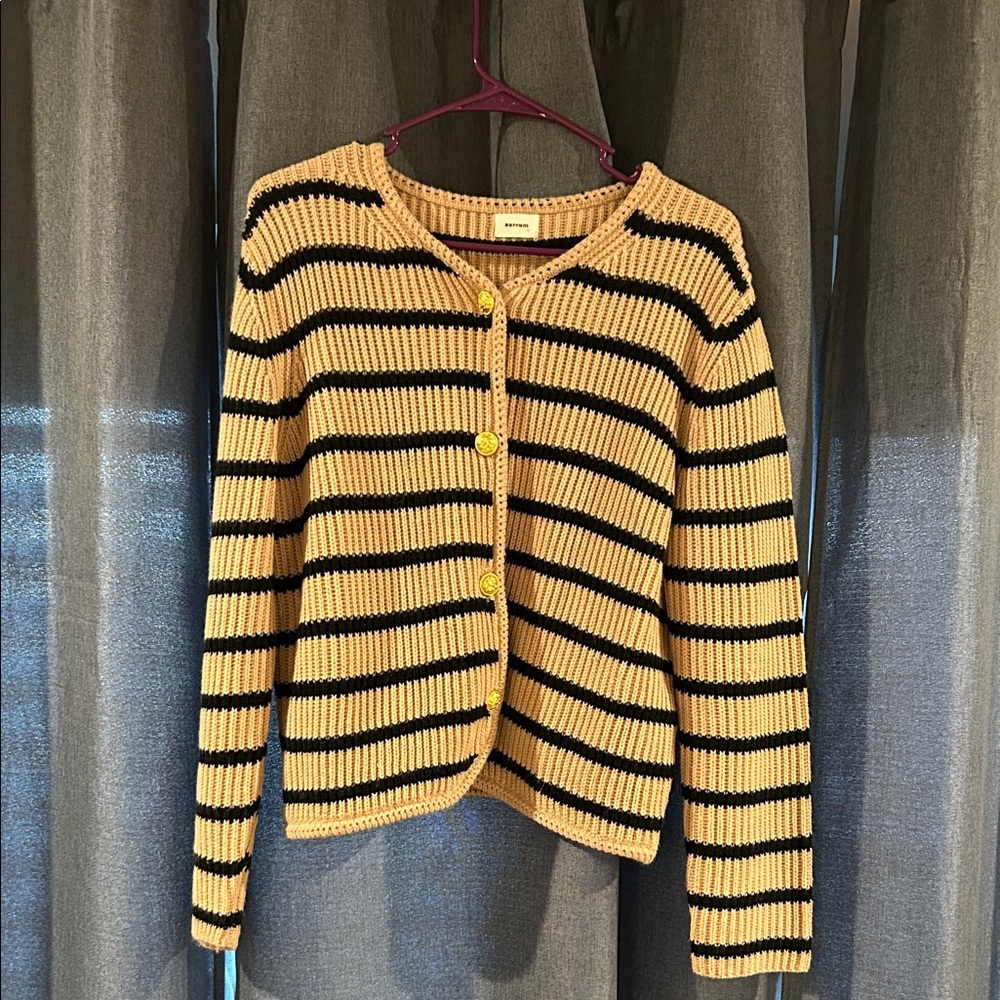 Aureum Beige and Black Striped Cardigan with gold accents